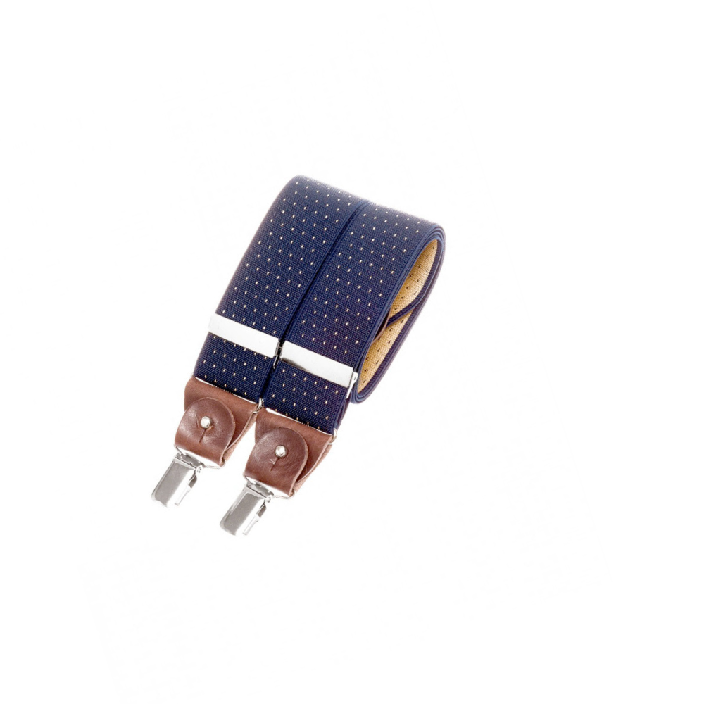 Wide clip-on suspenders with leather details – Navy with yellow polka-dots