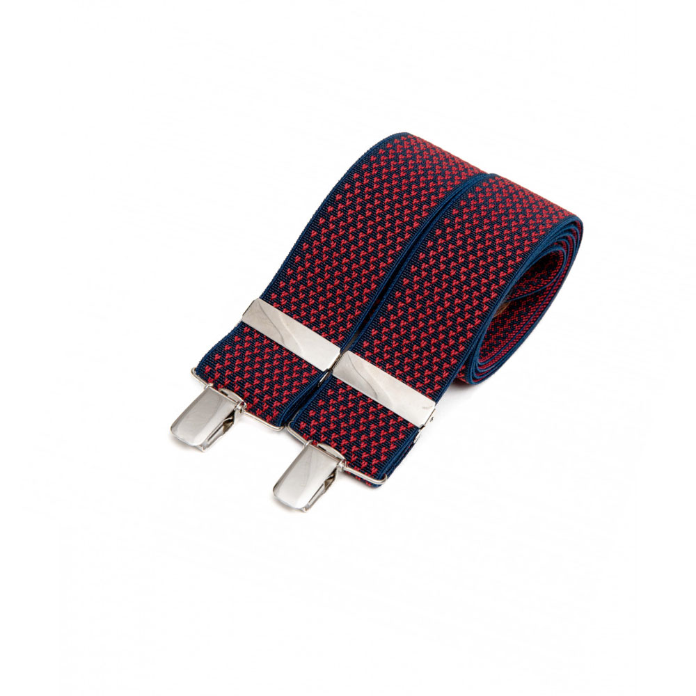 Wide clip-on suspenders – Red micro-pattern on navy