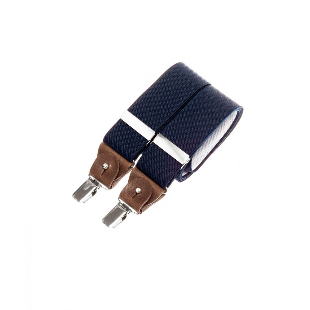Wide clip-on suspenders with leather details – Navy