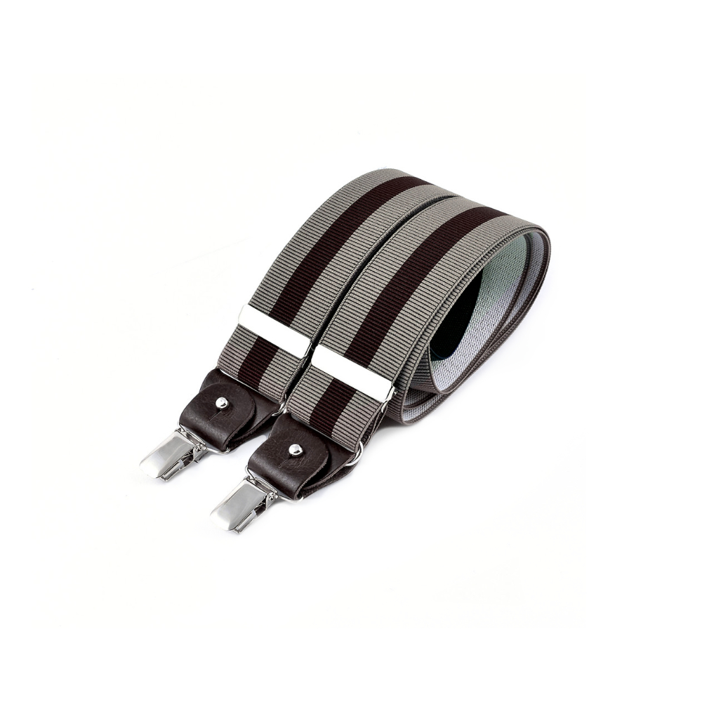 Wide clip-on suspenders with leather details – Dark wine stripe on beige
