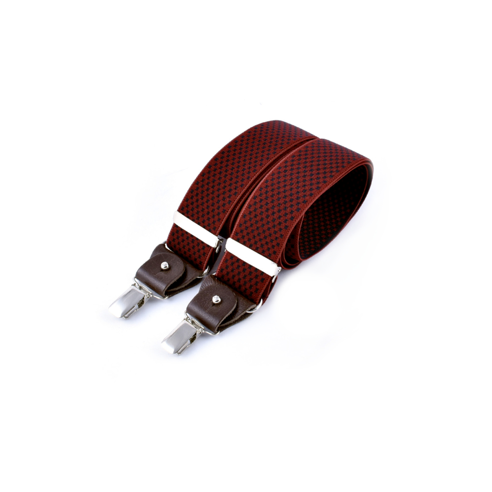 Wide clip-on suspenders with leather details – Navy cross on dark red