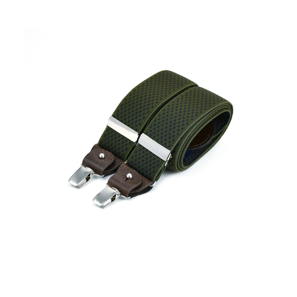 Wide clip-on suspenders with leather details – Navy cross on khaki